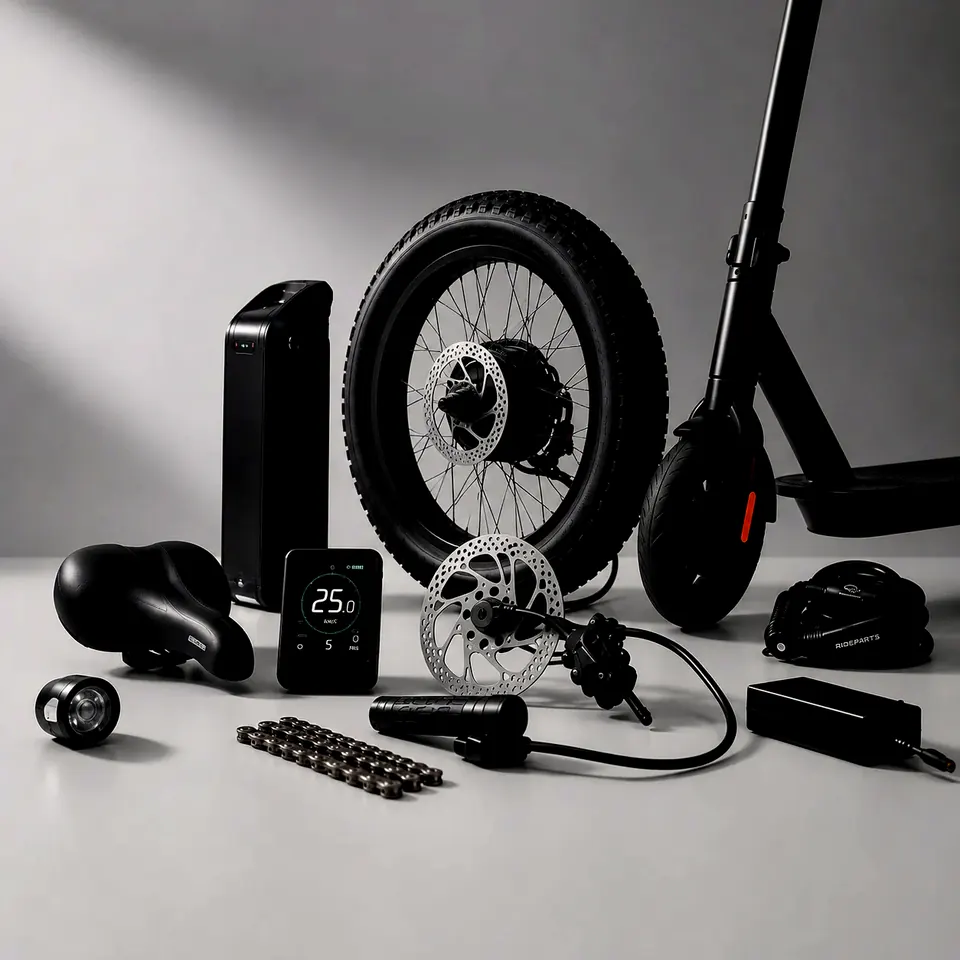 Light studio photo with a fatbike wheel, battery, display and electric scooter